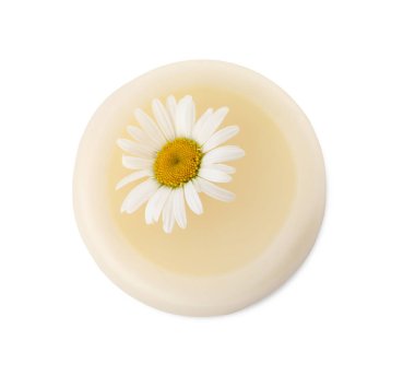 Solid shampoo bar and chamomile isolated on white, top view. Hair care