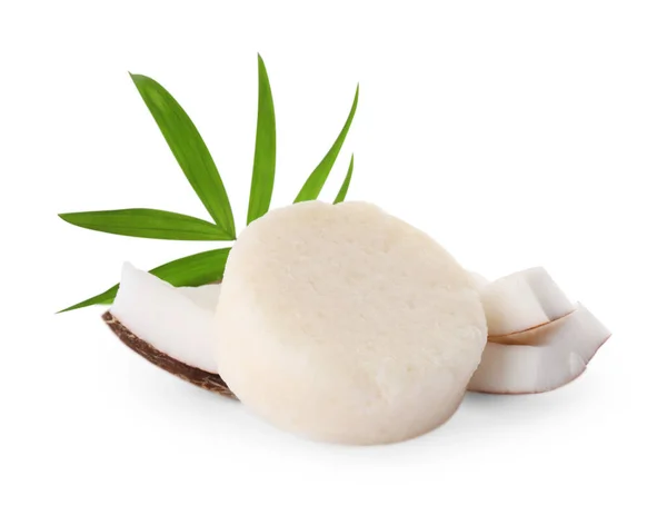 Solid Shampoo Bar Leaf Coconut Pieces White Background Hair Care — Zdjęcie stockowe