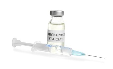 Suçiçeği aşısı ve beyaz arka planda şırınga. Varicella virüs önleme