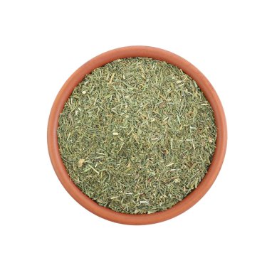 Bowl with aromatic dry dill on white background, top view