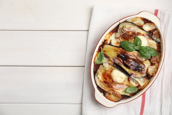 Delicious Eggplant Lasagna Baking Dish Napkin White Wooden Table Top — Stock fotografie