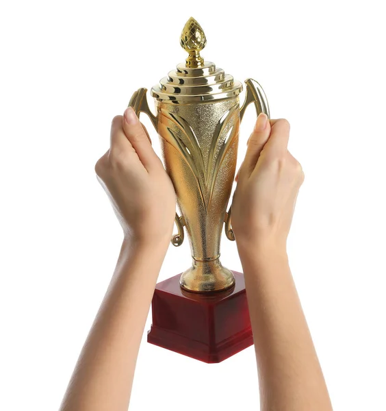 Woman Holding Gold Trophy Cup White Background Closeup — Stock Photo, Image