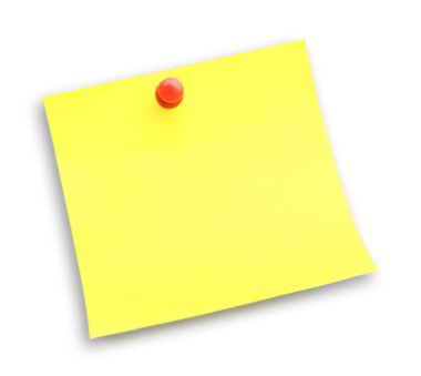 Blank yellow note pinned on white background, top view