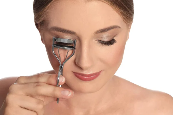 Young Woman Using Eyelash Curler White Background Closeup — 图库照片