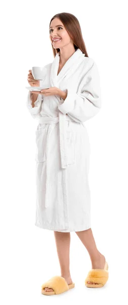 Jeune Femme Peignoir Avec Tasse Boisson Sur Fond Blanc — Photo