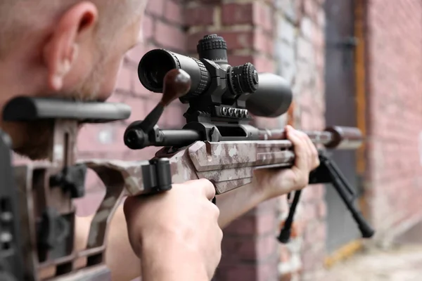 Soldier Holding Modern Powerful Sniper Rifle Telescopic Sight Outdoors Closeup — Stok fotoğraf