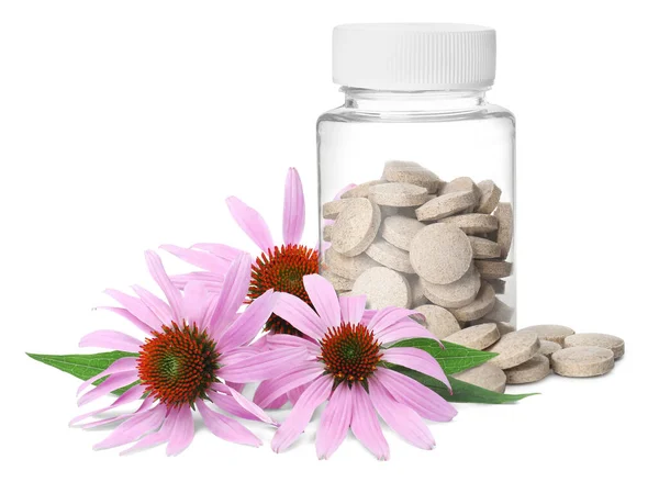 Bottle Vitamin Pills Beautiful Echinacea Flowers White Background — Foto Stock