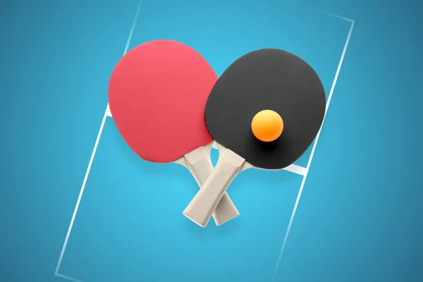Ping Pong Paddles Ball Blue Background Top View Table Tennis — Stock fotografie