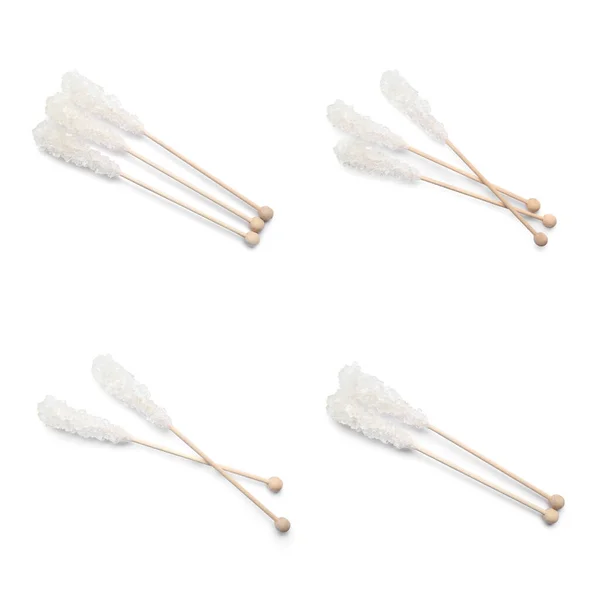 Συλλογή Από Ξύλινα Sticks Κρύσταλλα Ζάχαρης Λευκό Φόντο Νόστιμες Καραμέλες — Φωτογραφία Αρχείου
