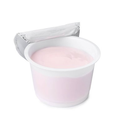 Plastic cup with delicious organic yogurt isolated on white