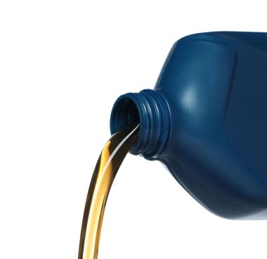 Pouring motor oil from blue container on white background, closeup