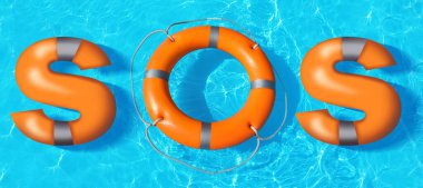 SOS message made from lifebuoy and letters in pool, top view. Banner design
