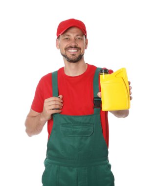 Man showing yellow container of motor oil on white background
