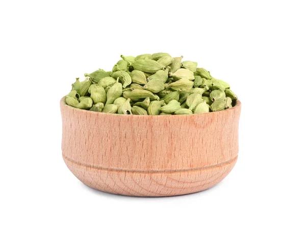 Wooden Bowl Dry Cardamom Seeds Isolated White — Foto de Stock