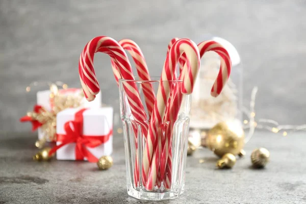 Christmas Candy Canes Glass Grey Table — Foto de Stock