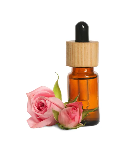 Bottle Essential Rose Oil Flowers White Background — Stok fotoğraf