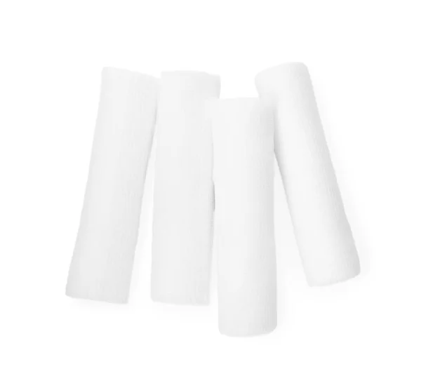 Medical Bandage Rolls White Background Top View — Stok Foto