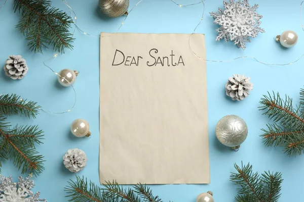 Flat Lay Composition Letter Saying Dear Santa Light Blue Background — 스톡 사진