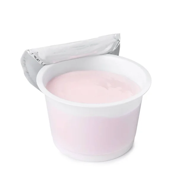 Plastic Cup Delicious Organic Yogurt Isolated White — Stockfoto