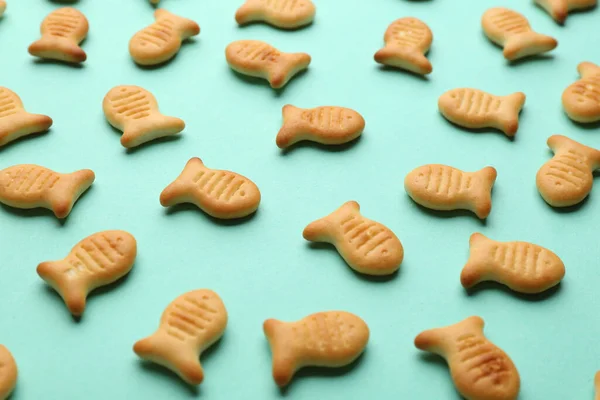 Delicious Goldfish Crackers Turquoise Background Closeup — Zdjęcie stockowe