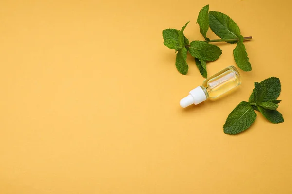 Bottle Essential Oil Mint Pale Orange Background View Space Text — Stockfoto