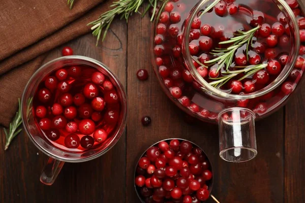 Tasty Hot Cranberry Tea Wooden Table Flat Lay — Stock Photo, Image