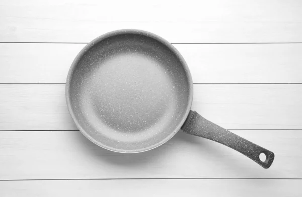 New Non Stick Frying Pan White Wooden Table Top View — Photo
