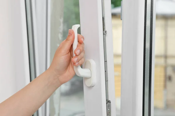 Woman Opening White Plastic Window Home Closeup — Φωτογραφία Αρχείου