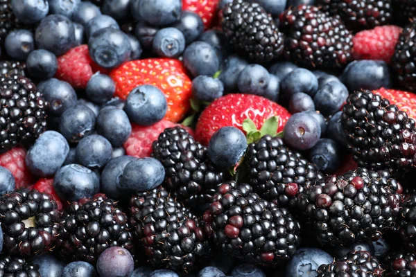 Mix Different Ripe Tasty Berries Background Closeup View — Stock Photo, Image