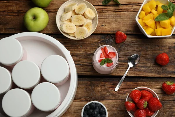 Modern Yogurt Maker Full Jars Different Fruits Wooden Table Flat — Foto de Stock