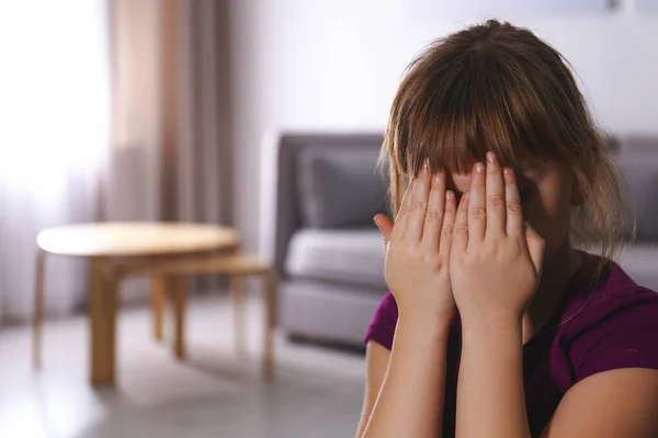 Abused Little Girl Closing Eyes Indoors Space Text Domestic Violence — Foto de Stock