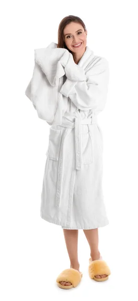 Young Woman Bathrobe Drying Hair Towel White Background — Stock Photo, Image