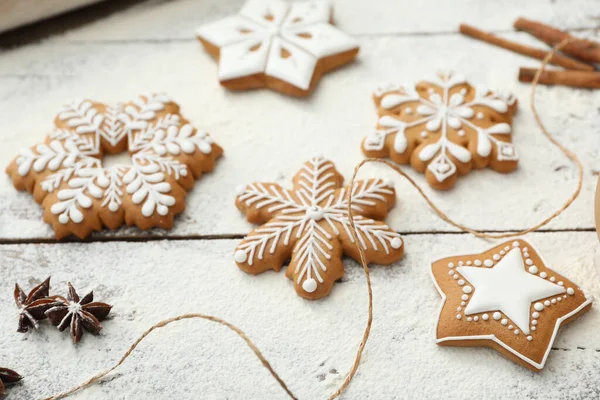 Delicious Homemade Christmas Cookies Flour Wooden Table Closeup — Stock Photo, Image