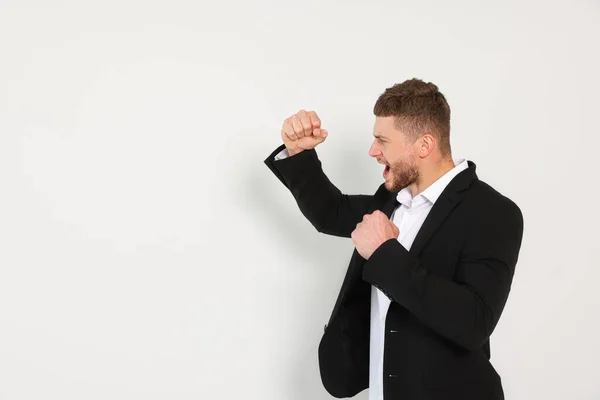 Young Man Ready Fight White Background Space Text — Stockfoto