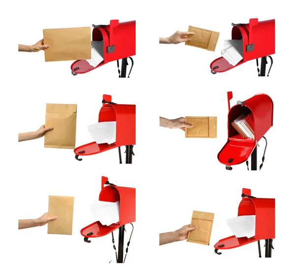 Collage Photos Women Putting Envelope Red Letter Box White Background — Fotografia de Stock