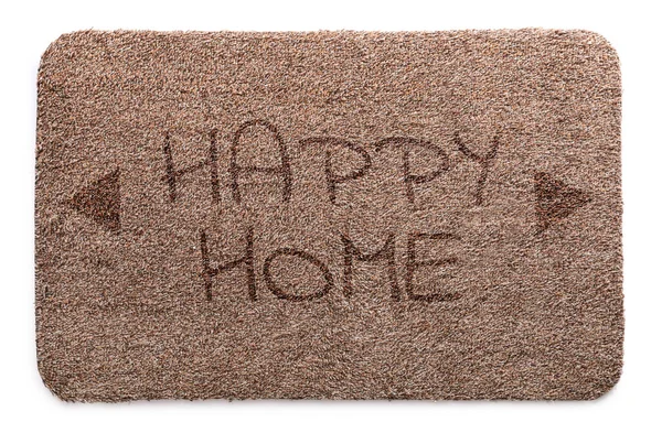 Door Mat Words Happy Home White Background Top View — Zdjęcie stockowe