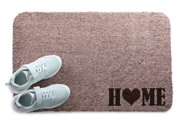 Door Mat Words Home Shoes White Background Top View — Zdjęcie stockowe