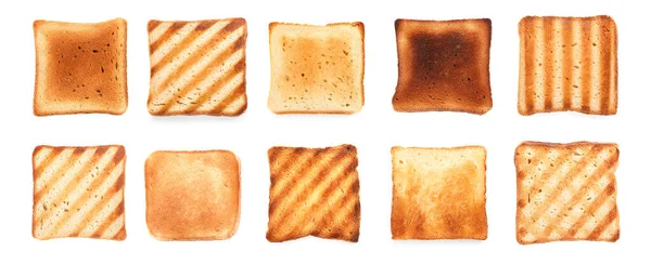 Set Tasty Toasted Bread White Background Top View Banner Design — Foto de Stock