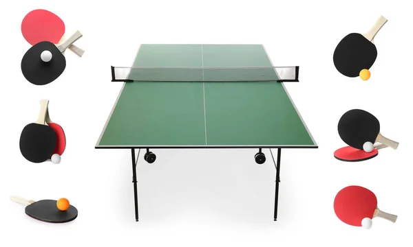 Green Ping Pong Table Rackets Balls White Background — Fotografia de Stock