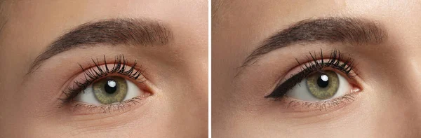 Collage Photos Young Woman Getting Permanent Eyeliner Makeup Closeup Banner — Stok fotoğraf