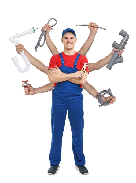 Plumber Different Tools White Background Multitasking Handyman — Fotografia de Stock