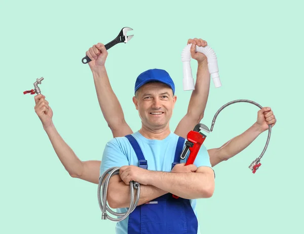 Plumber Different Tools Light Blue Background Multitasking Handyman — 스톡 사진