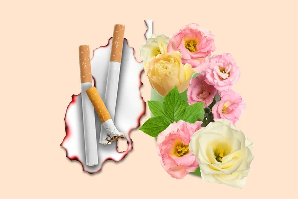 Illustration Human Lungs One Part Image Fresh Flowers Another Cigarettes — Foto Stock