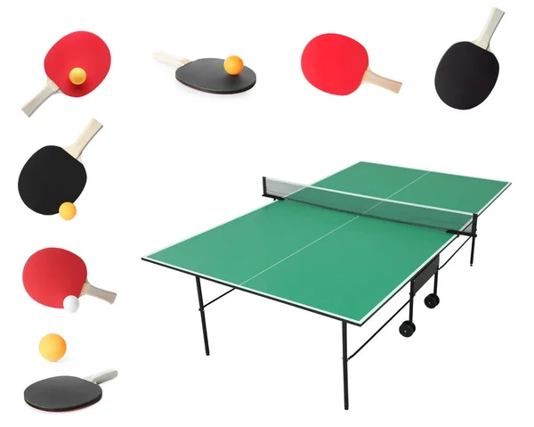 Green Ping Pong Table Rackets Balls White Background — Zdjęcie stockowe