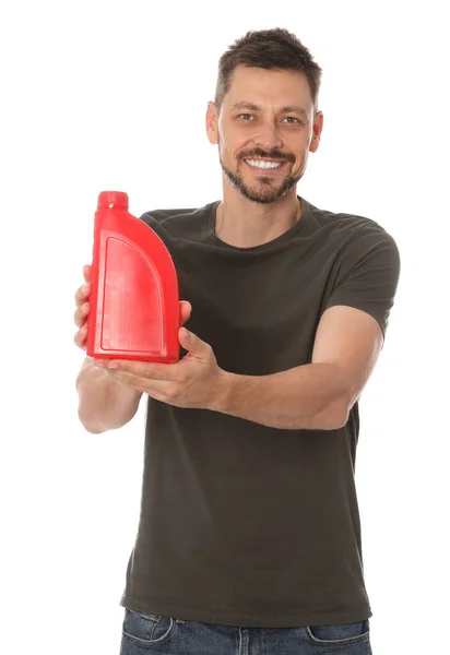 Man Showing Red Container Motor Oil White Background — Foto Stock