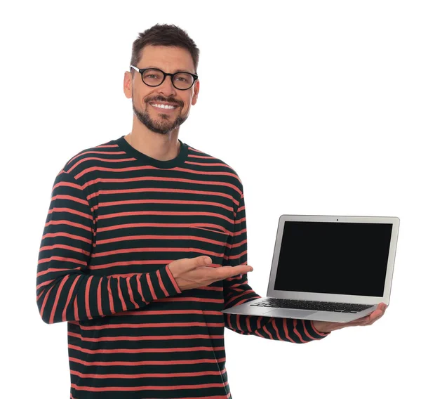 Smiling Man Showing Laptop White Background — Stok Foto