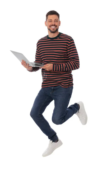 Handsome Man Laptop Jumping White Background — Stok Foto