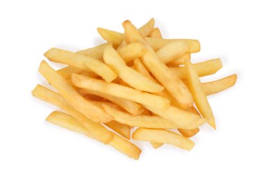 Delicious fresh french fries on white background, top view