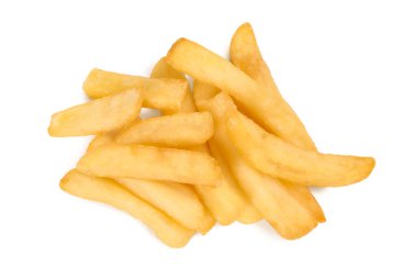 Delicious fresh french fries on white background, top view