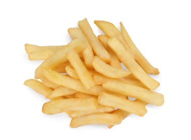 Delicious fresh french fries on white background, top view